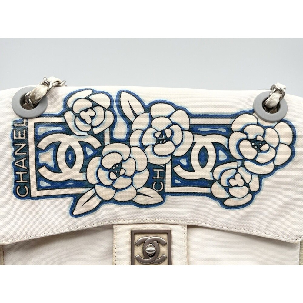 Chanel White & Blue Floral Print Nylon Canvas Sport CC Flap Bag Vintage Y2K - Picture 16 of 16